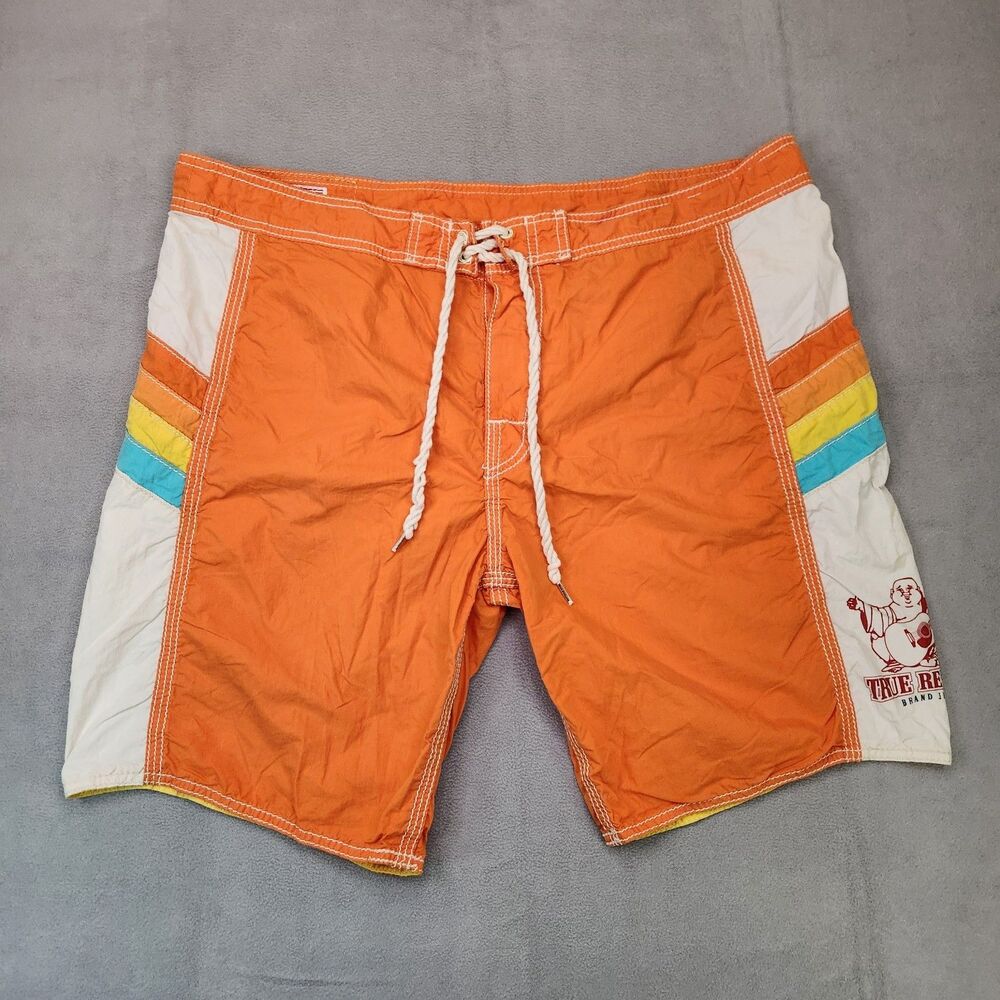 True Religion Retro Board Shorts Men's 40 Orange Swim Trunks Y2K 10" Made In USA